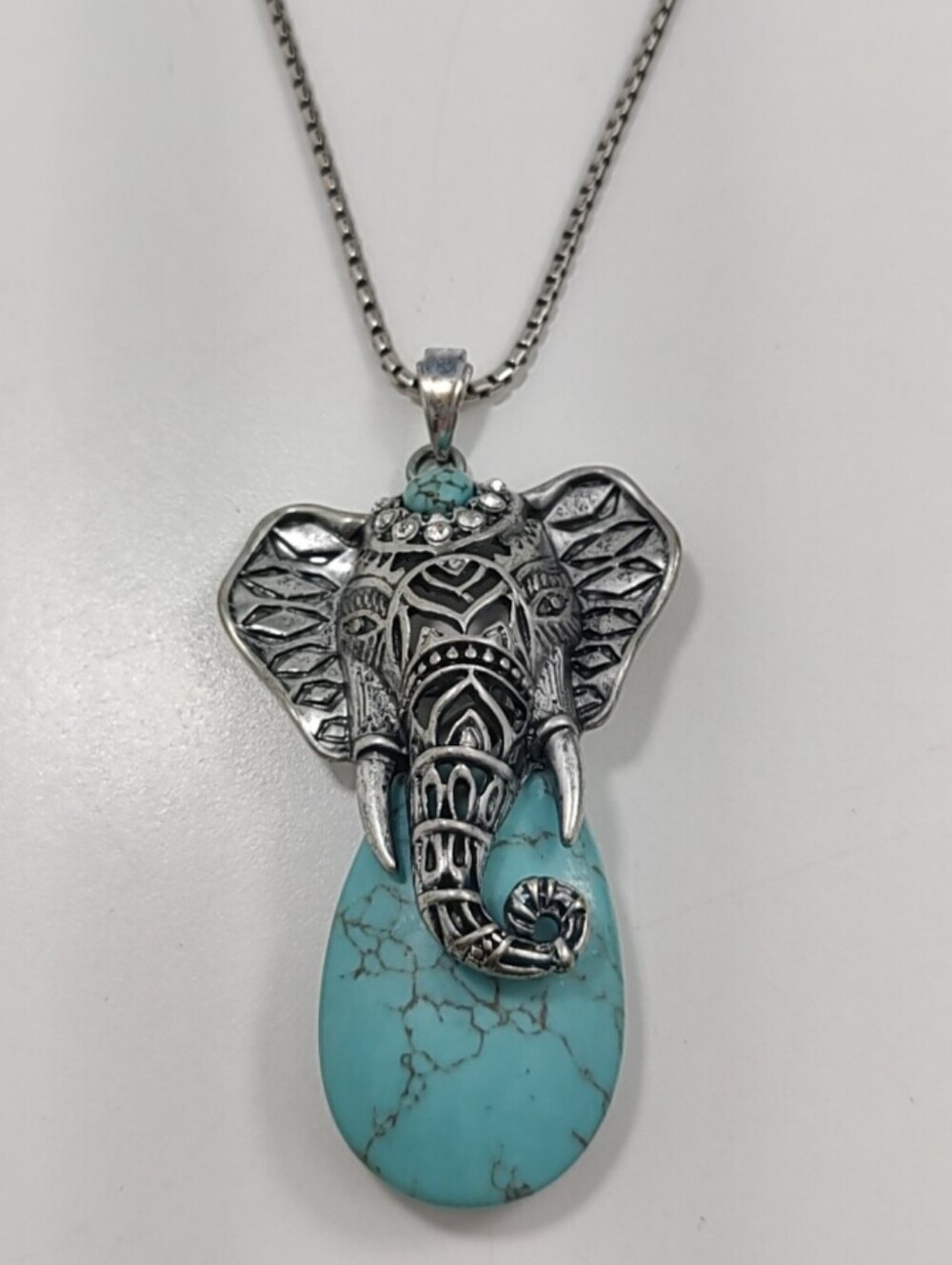 Turquoise Stone 3D Elephant Silver Tone Boho Statement Pendant Necklace